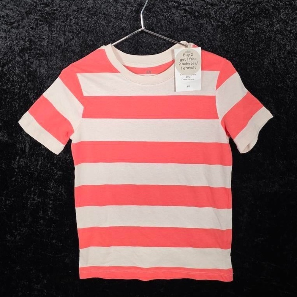 HM Kids Coral Pink Cream Striped Short Sleeve Crew Neck T-Shirt Size 8/10 NWT